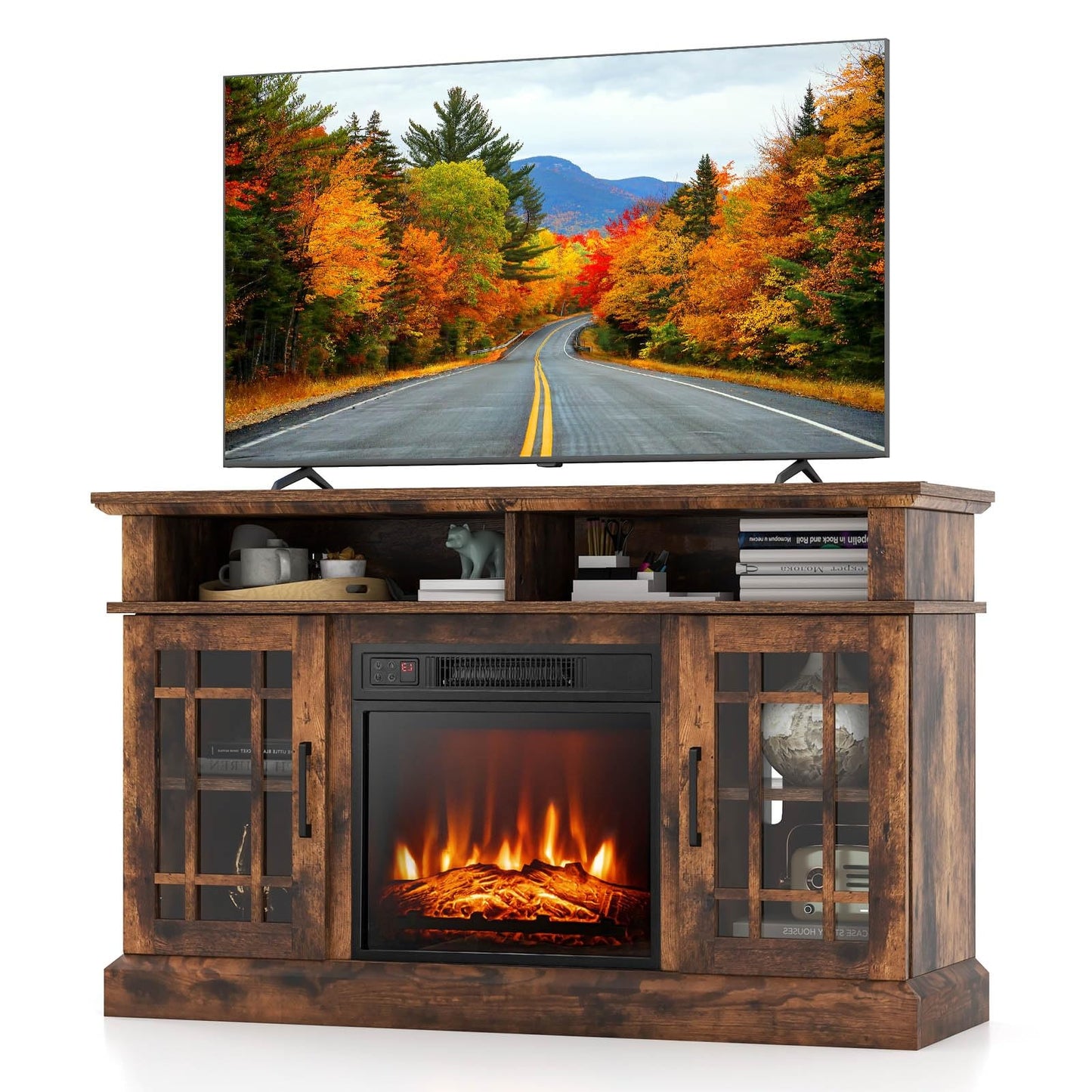 RELAX4LIFE Electric Fireplace TV Stand for TVs up to 55’’, TV Console Table w/18’’ Fireplace Insert Heater, Remote Control, Adjustable Shelves, Wood Media Entertainment Center with Fireplace (Brown)