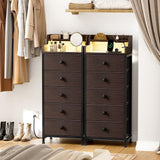 REAHOME 5 Drawer Dresser for Bedroom with Charging Station and LED Lights, Brown Chest of Drawers with Shelves, Tall Night Stand with Sturdy Steel Frame & Wood Top for Bedroom - Brown REAHOME