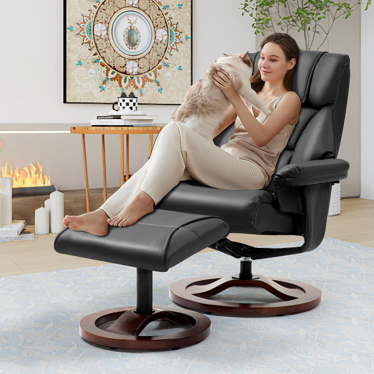 AVAWING Swivel Recliner Chair with Ottoman, Adjustable Faux Leather Lounge Chair, Reclining Chair and Ottoman with Wood Base for Living Room & Bedroom, Black AVAWING