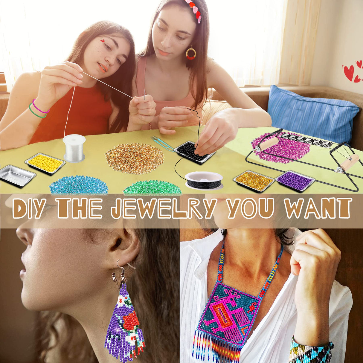 Frame Bead Loom Kit for Beaded Bracelets Earrings Belts Making, Include 17250 Seed Beads 3mm 18 Colors and 150 Meter Clear String, Beading Trays, Needles, with Instruction, DIY Boho Jewelry SISITARIA