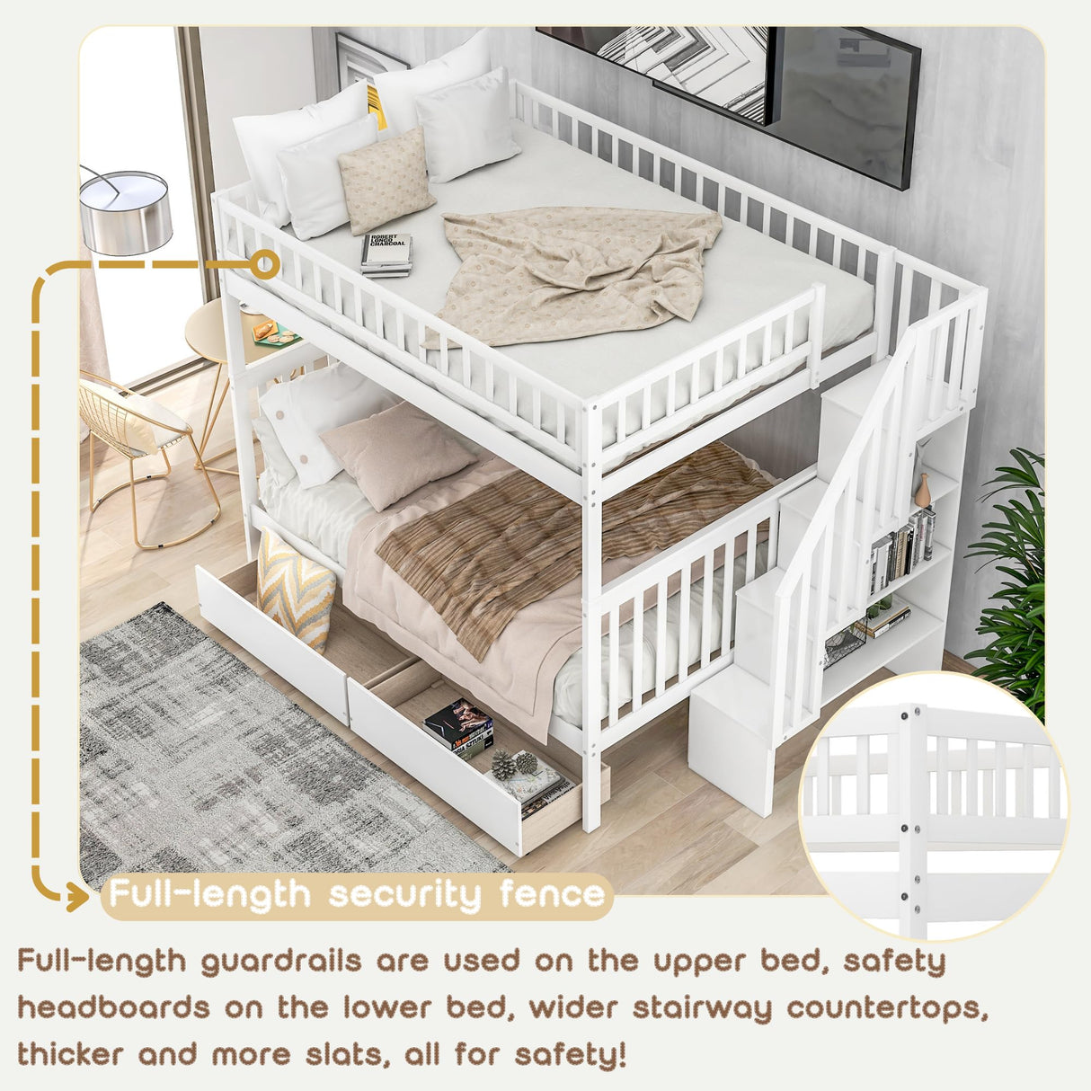 Full Over Full Bunk Beds with Drawers and Stairs Stairway Bunk Bed Frame with Storage Shelves for Kids Teens Adult, Wood Full Bunk Bed for Boys Girls Adults, White Bellemave