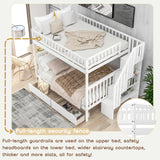 Full Over Full Bunk Beds with Drawers and Stairs Stairway Bunk Bed Frame with Storage Shelves for Kids Teens Adult, Wood Full Bunk Bed for Boys Girls Adults, White Bellemave