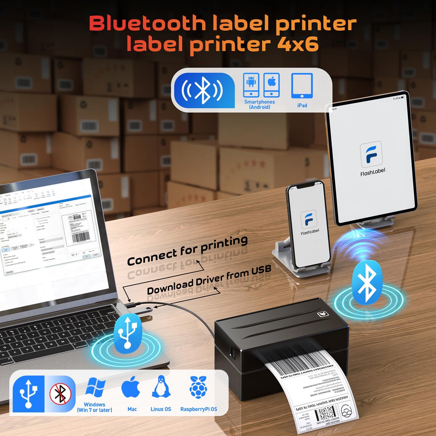 Thermal Label Printer for Small Business, 4x6 Shipping Label Printer for Shipping Packages,Bluetooth thermal printer Support Windows Mac Android iPhone Used for Amazon Ebay Shopify Temu TK USPS