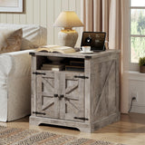 HOOBRO Farmhouse End Table Set of 2, Flip Top Large End Table with Charging Station, 23.6" Large Sofa Side Table with Barn Door, Square Nightstand with Open Storage, for Living Room, Greige HOOBRO