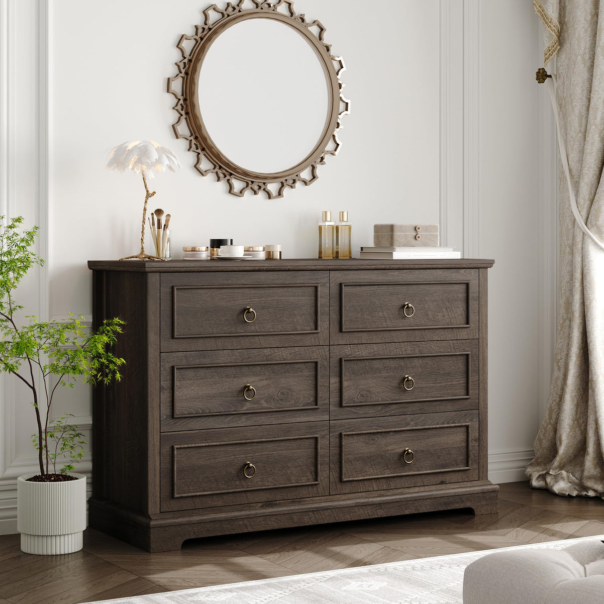 HOSTACK 6 Drawer Double Dresser, Modern Farmhouse Chest of Drawers, Wide Dressers Organizer, Accent Wood Storage Cabinet for Living Room, Hallway, HOSTACK