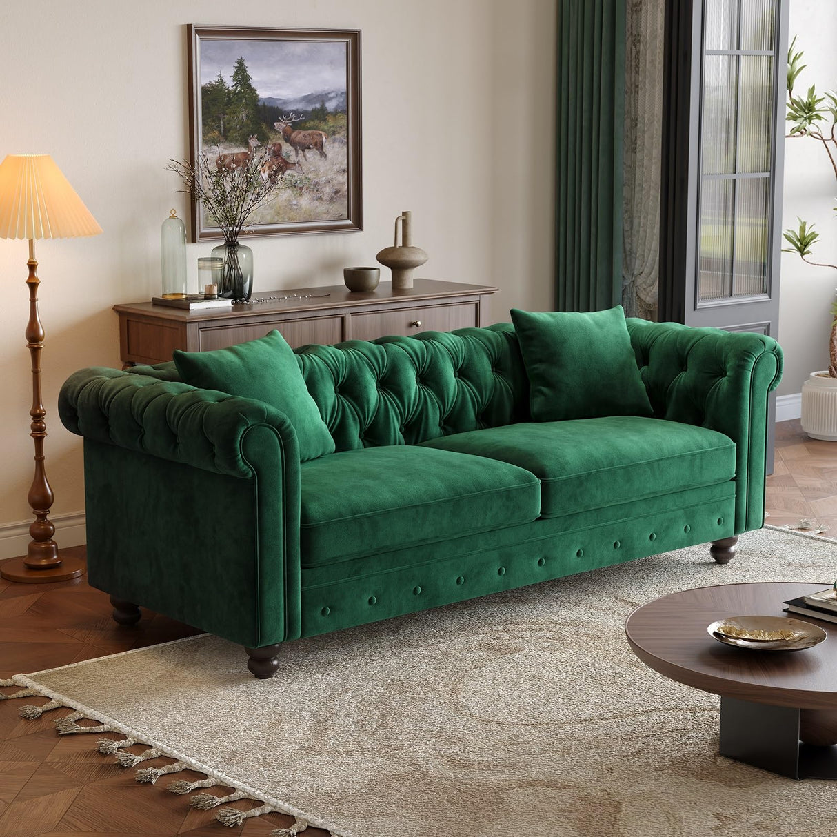 ONBRILL 82 Inch Chesterfield Sofa, 23 Inch Deep Seat Velvet Couch for Living Room, Button Tufted Couch with Rolled Arms, 2 Throw Pillows, Comfy Vintage Loveseat Sofa for Apartment, Green ONBRILL
