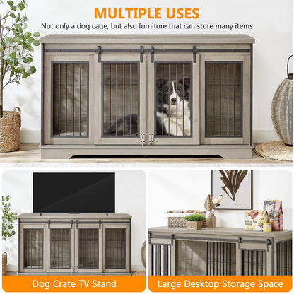 Yafylly 2-in-1 Double Dog Crate Furniture with Divider 60.6 Inch Grey Sturdy Dog Kennel TV Stand with 2 Sliding Doors and Thick Iron Door Frame for 2 Dogs - WoodArtSupply