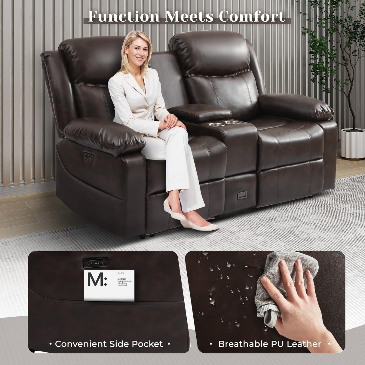 PALLOME Power Reclining Loveseat Sofa for Home Theater, RV Recliner Couch with USB Type-C, Console, LED Lights (Brown) PALLOME