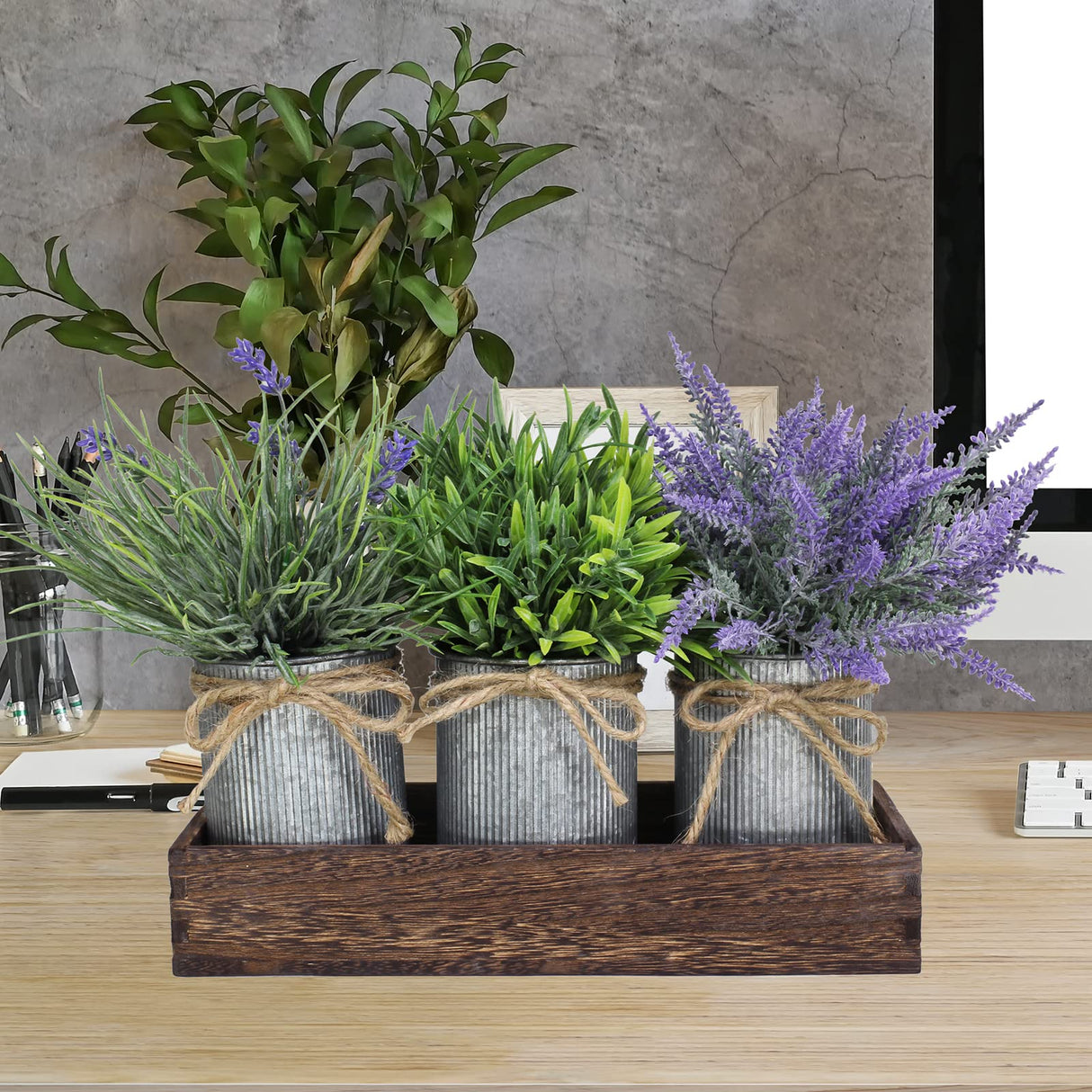 Set of 3 Small Potted Plants Arrangement Artificial Lavender and Grass Plants in Rustic Galvanized Metal Pots with Decorative Wood Tray for Farmhouse Table Centerpiece Windowsill Indoor Greenery Decor Winlyn