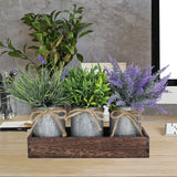 Set of 3 Small Potted Plants Arrangement Artificial Lavender and Grass Plants in Rustic Galvanized Metal Pots with Decorative Wood Tray for Farmhouse Table Centerpiece Windowsill Indoor Greenery Decor Winlyn