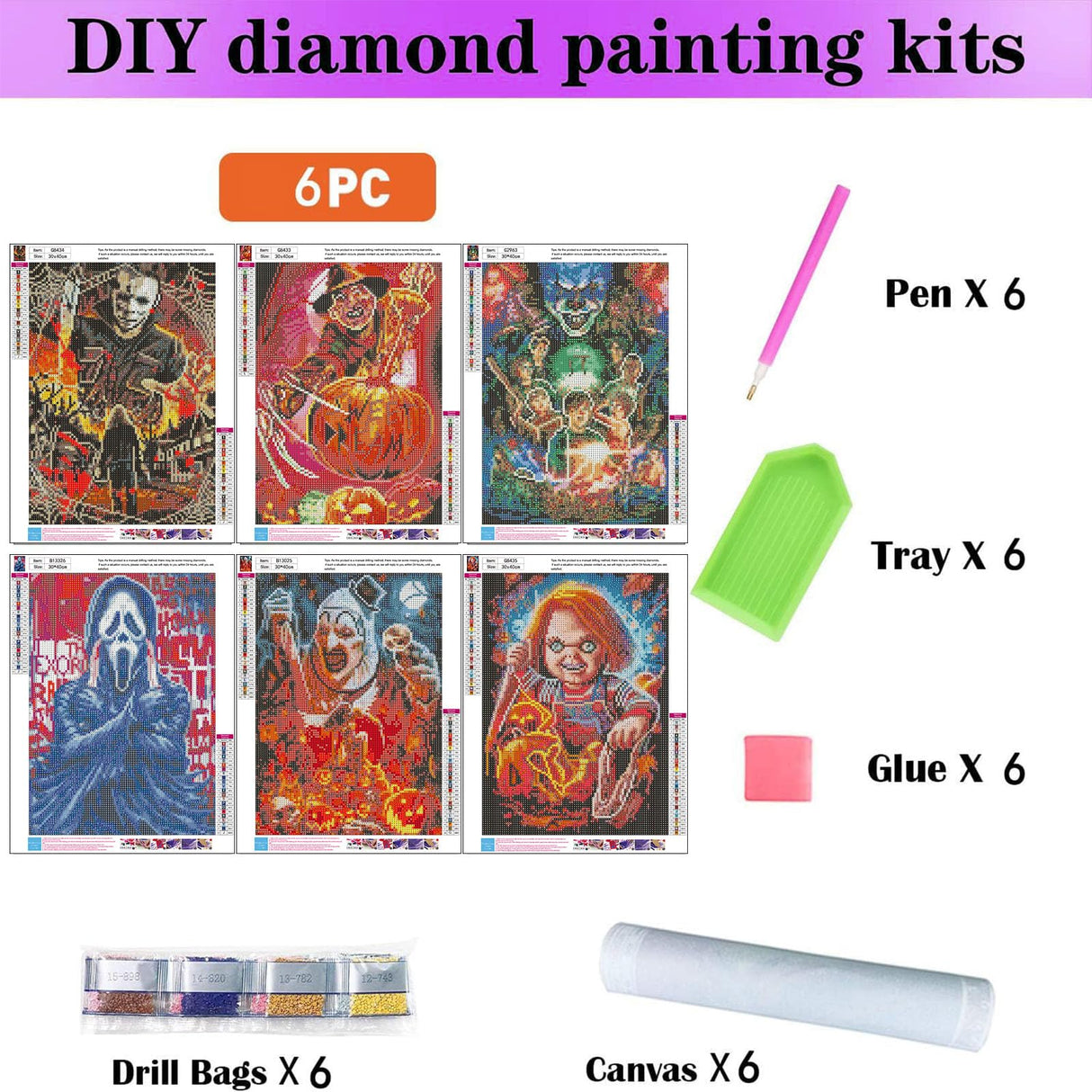 Sretoul 6 Pack Halloween Diamond Art Kits for Adults, Diamond Painting Kit Beginners Halloween, Horror 5D Gem Art for Adults with Round Gem Painting Gift Home Wall Decor 12x16 Inch Sretoul