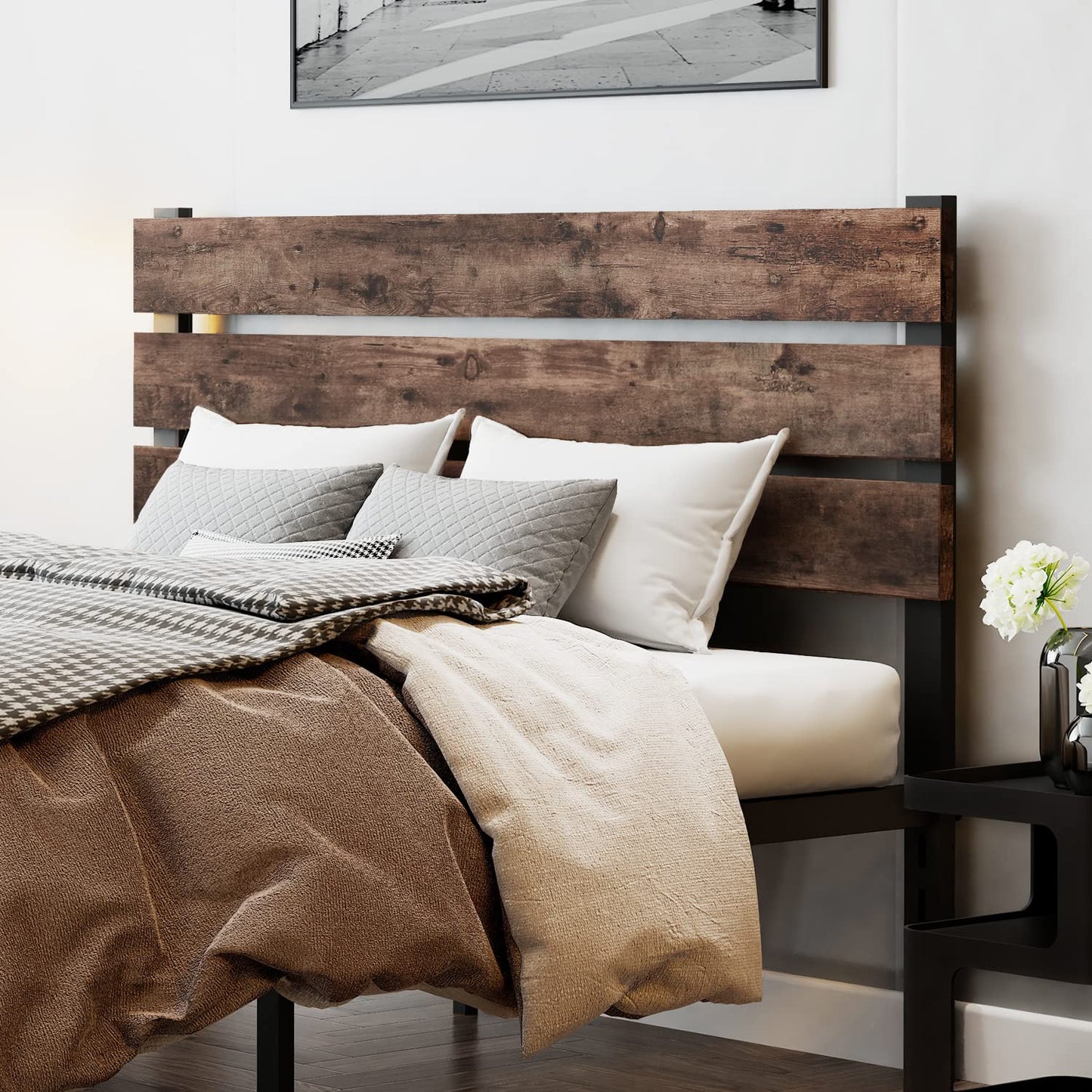 Keureedg Stylish Wooden Headboard with Metal Slats - Queen Size, Easy Assembly - WoodArtSupply