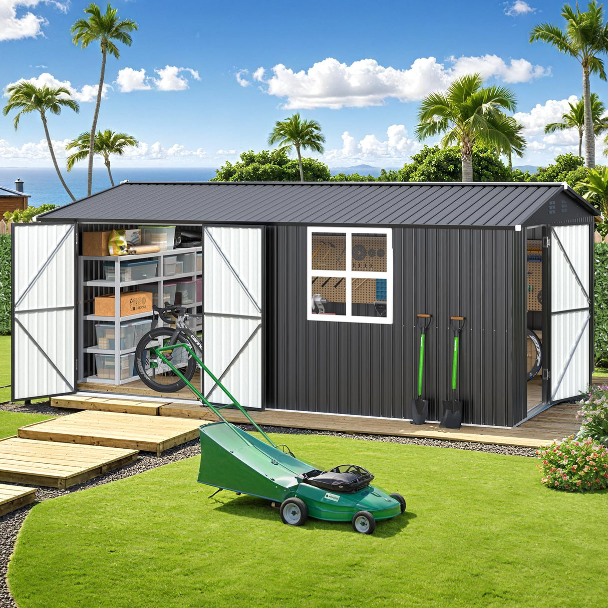 AECOJOY 16' x 12' Outdoor Storage Shed, Large Metal Sheds & Outdoor Storage Clearance 12x16 with Windows, Steel Backyard Shed, Utility Tool Storage for Garden, Patio, Outside use in Dark Grey AECOJOY
