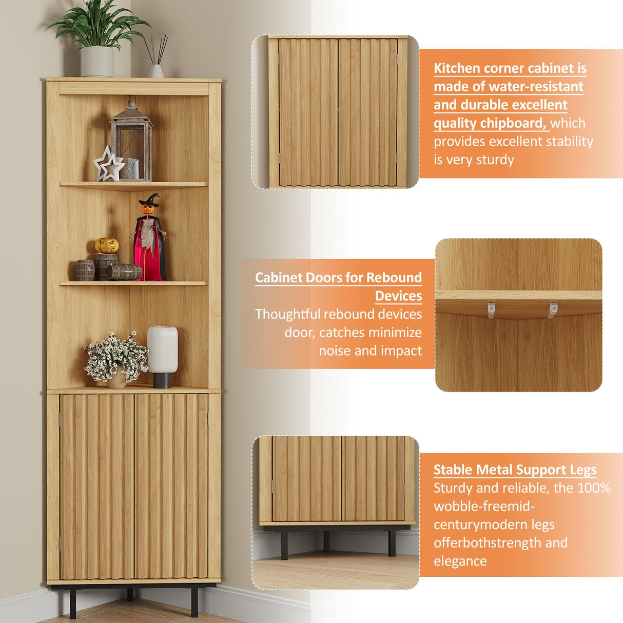 Maupvit 69" Tall Corner Cabinet, Small Slim Corner Bathroom Wall Cabinet, Boho Kitchen Pantry Storage Fluted Cabinet with Door & Adjustable Shelves, for Laundry Room, Living Room Maupvit