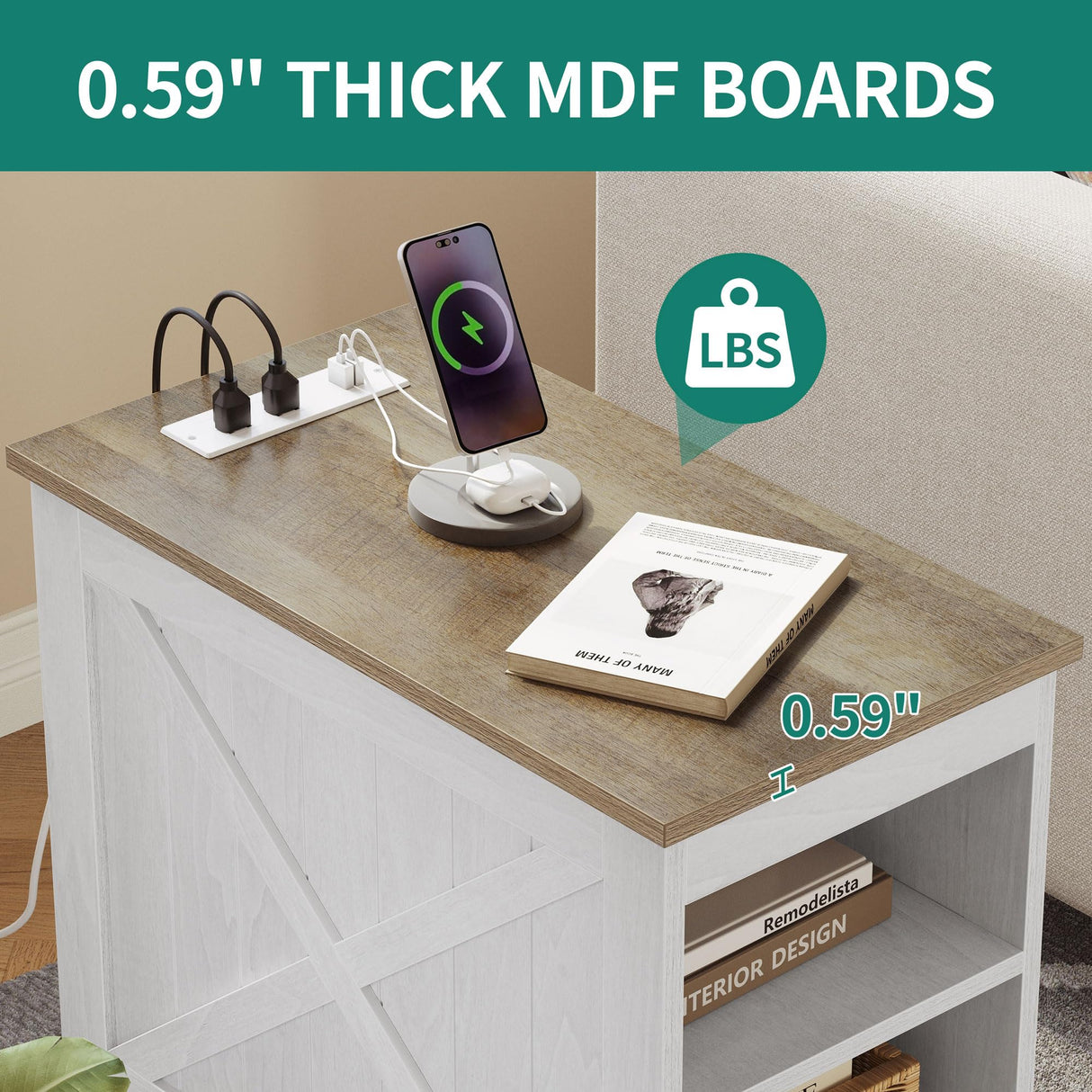 YITAHOME End Table with Charging Station, Narrow Side Table with Storage Shelf, Farmhouse Nightstand with Storage for Small Spaces, Living Room, Bedroom, Grey Wash YITAHOME