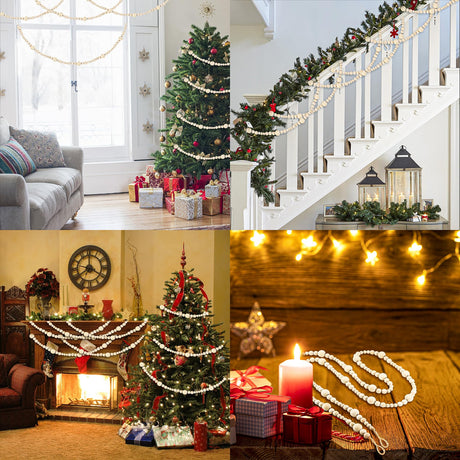 4PCS Wood Beads Garland Christmas, 28.8Feet Wooden Bead Garland for Christmas Tree Decoration, Round Wooden Beads Farmhouse Boho Ornaments for Wall Hanging Home Decor Abitoncc