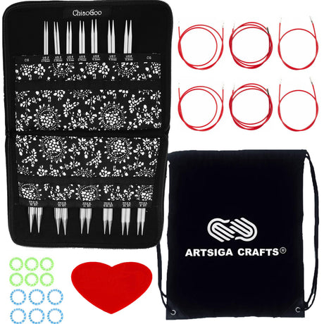 ChiaoGoo Twist Red Lace 4-Inch Complete 7400-C Interchangeable Circular Knitting Needle Set, Sizes US 2, 3, 4, 5, 6, 7, 8, 9, 10, 10.5, 11, 13, 15 with 6 Cords with Project Bag ChiaoGoo