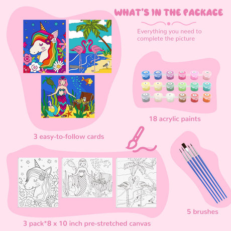 goldentime 3 Framed Canvas Paint by Numbers for Kids Ages 6 8 10 12 –Easy Paint by Numbers Kit for Kids and Adults –Unicorn Painting Kit for Girls, Mermaid Crafts for Girls Ages 6-8-12… goldentime