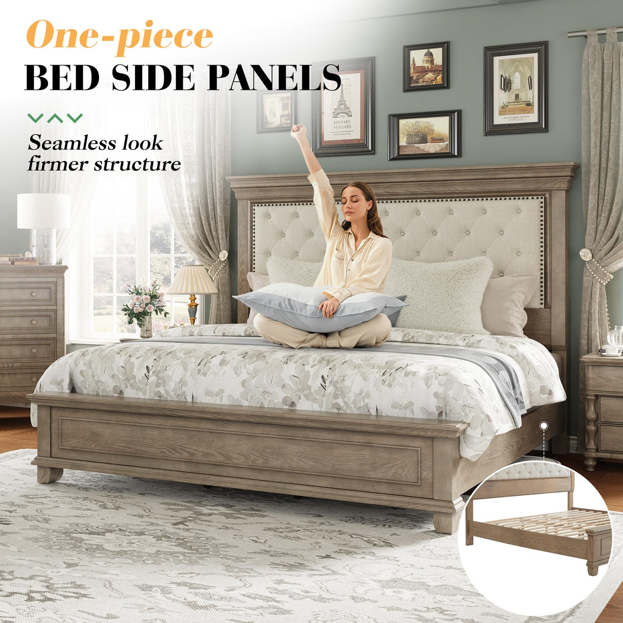 LUXOAK Solid Pine Wood King Bed Frame with 69" High Upholstered Headboard, Transitional Style Platform Bed, No Box Spring Needed & Easy Assembly, Button-Tufted Chenille Fabric, Antique Taupe LUXOAK