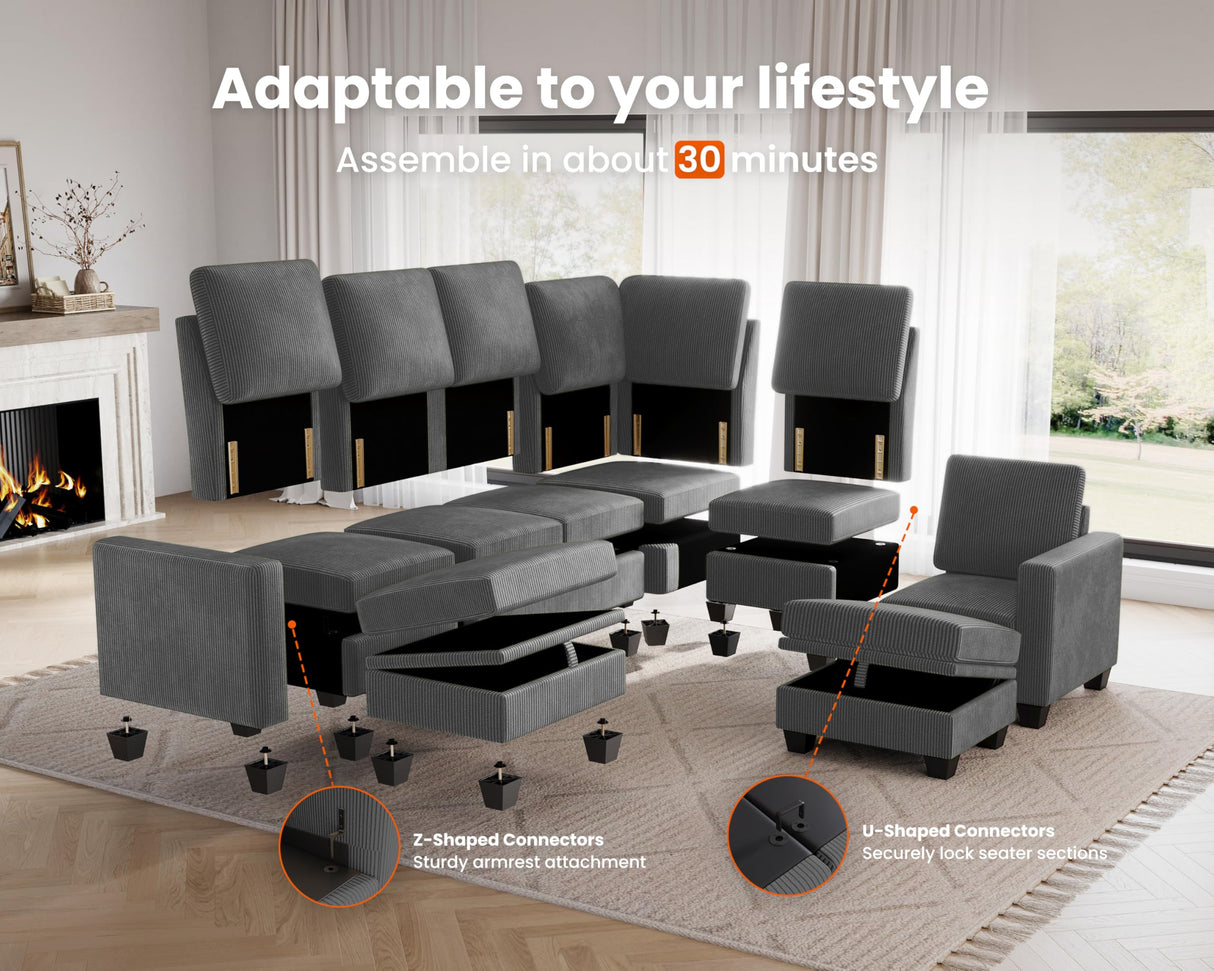 CHIC HOUSE Modular Sectional Couch| Corduroy L Shaped Sleeper Sofa, U-Shape Sofa Bed Convertible Chaise with Storage Ottoman for Living Room Modern Furniture (Dark Grey, 6 Seater L-Shaped) CHIC HOUSE