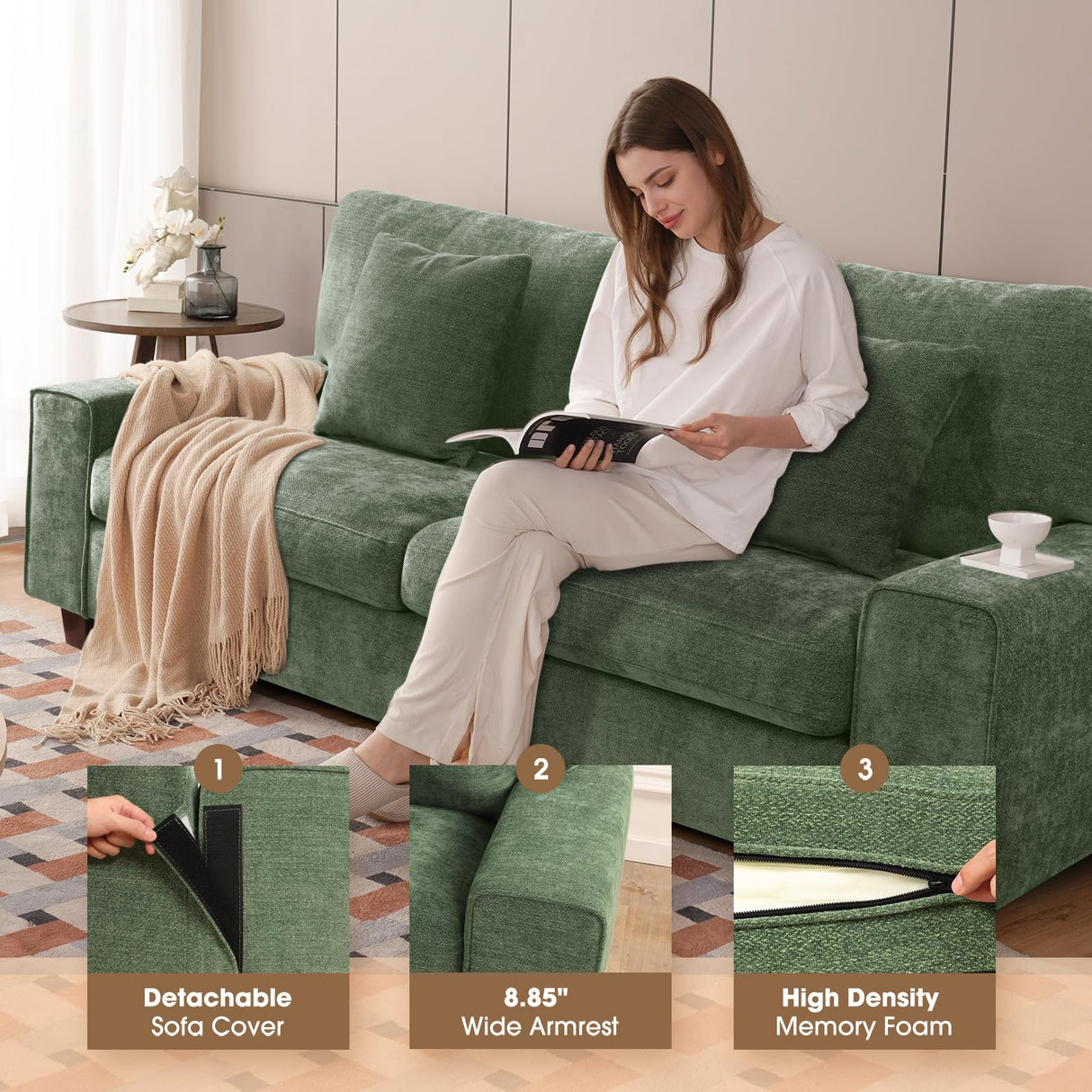 DOPEDIO Modern Loveseat Sofa for Living Room,Chenille Recliner, Removable Cover, Spring Cushions, Solid Wood Frame, Easy Assembly for Small Spaces (71.25inch，Green) DOPEDIO