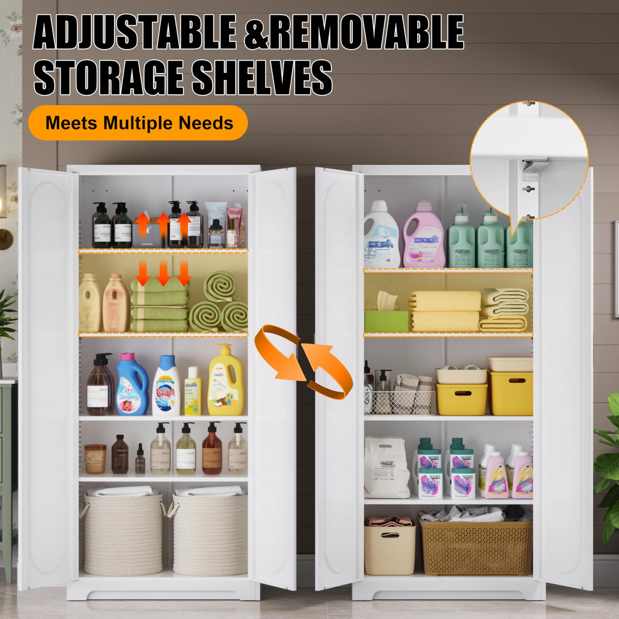 Metal Storage Cabinet with 4 Adjustable Shelves, 71" Tall Kitchen Storage Cabinet with Gold Handles, White Pantry Cabinets, Storage Cabinets for Home Office, Living Room, Hallway - Assembly Required MetalMax