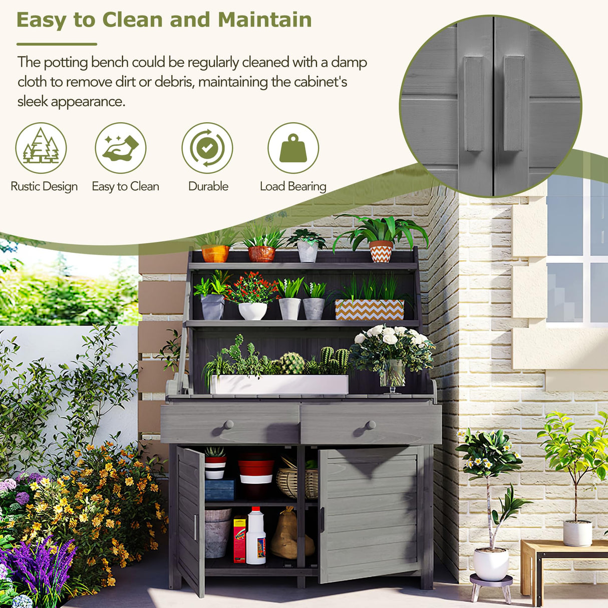 KUIKUI Potting Table, Gardening Table, Potting Benchs for Outside, Fir Wood Workstation with Storage Shelf, Drawer and Cabinet, 47.2''Lx22.8''Wx65''H, Gray KUIKUI