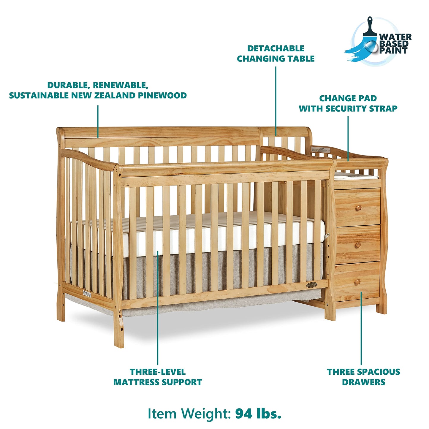 Dream On Me 5 in 1 Brody Convertible Crib with Changer, 33.2"L x 69"W x 39.1"H