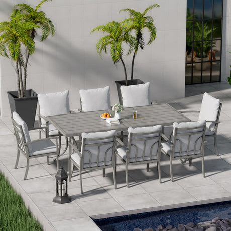 HAPPATIO 9-Piece Patio Dining Set - All Aluminum Table and Chairs for 8, Includes Rectangular Table and 8 Chairs with Cushions, Lawn, Garden HAPPATIO