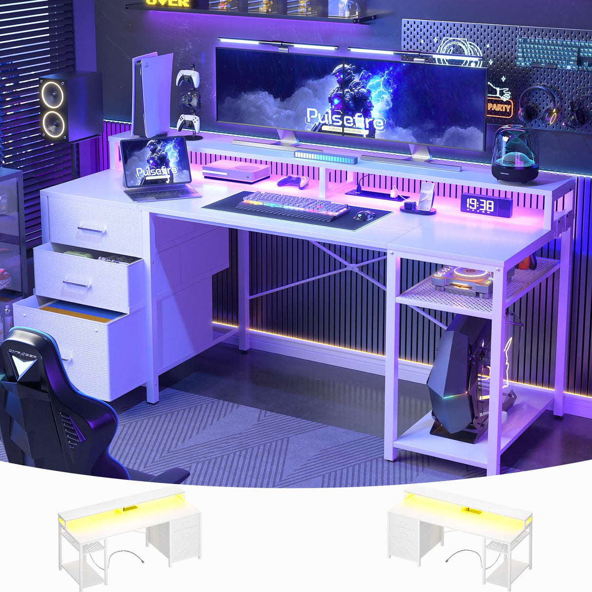 Aheaplus Gaming Desk with LED Lights and Power Outlets, 59 inch Computer Desk with Fabric File Drawers, Home Office Desk with Monitor Stand and Storage Shelves, Writing Desk Work Desk, White Aheaplus