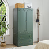 Fluted Freestanding Armoire Wardrobe Closet with 2 Doors and 2 Storage Drawers, Large Capacity Wardrobe Cabinet, Wooden Closet for Bedroom, Living Room - Green ORRD