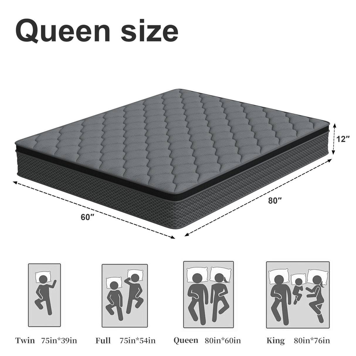 DAJIYUHC Queen Mattress, 12 Inch Hybrid Mattress in a Box, Memory Foam and Pocket Springs, Medium Plush Feel with Motion Isolating, CertiPUR-US Certified, Fiberglass Free -365-Night Trial DAJIYUHC