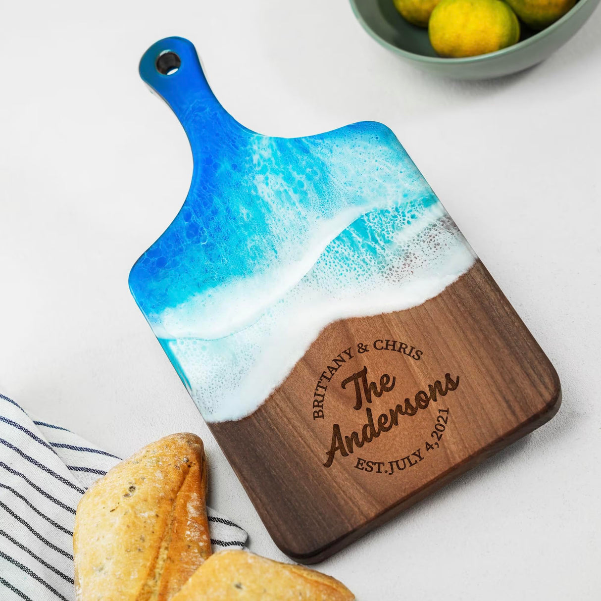 Personalized Resin Ocean Cutting Board, Christmas Gift for Couple, Wedding Gift, New Home Couple Gift, Housewarming Gift, Epoxy Walnut Board asrincodesigns