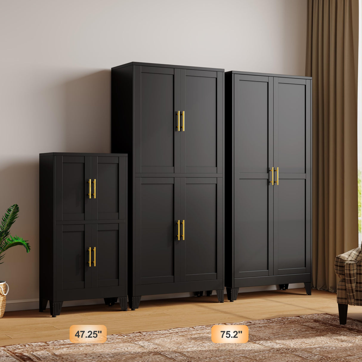 GAIOUS 47.25" Metal Storage Cabinet, Pantry Storage Cabinets with 4 Door and 2 Adjustable Shelves, Black Kitchen Food Storage Cabinet, Metal Utility Cabinet for Kitchen Dinning Room, Cupboard GAIOUS