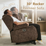 URRED Loveseat Rocker Recliner Sofa with Console, Manual Reclining Loveseat RV Couch Double Rocking Chair Nursery with Cup Holders, Side Pocket, Bluetooth Speaker, USB, Outlets (Brown) URRED