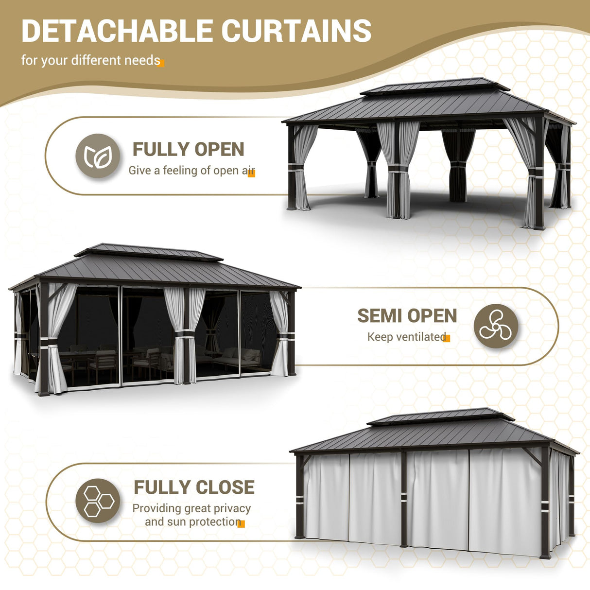UDPATIO 12' x 20' Hardtop Gazebo, Galvanized Steel Double Roof Permanent Aluminum Gazebo, Outdoor Metal Pergolas with Mosquito Netting and Curtains for Garden, Parties, Patio, Deck, Lawns, Grey UDPATIO