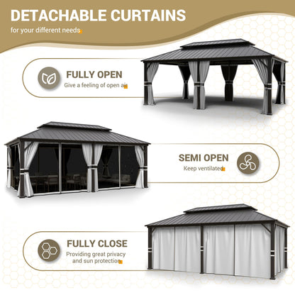 UDPATIO 12' x 20' Hardtop Gazebo, Galvanized Steel Double Roof Permanent Aluminum Gazebo, Outdoor Metal Pergolas with Mosquito Netting and Curtains for Garden, Parties, Patio, Deck, Lawns, Gr - WoodArtSupply