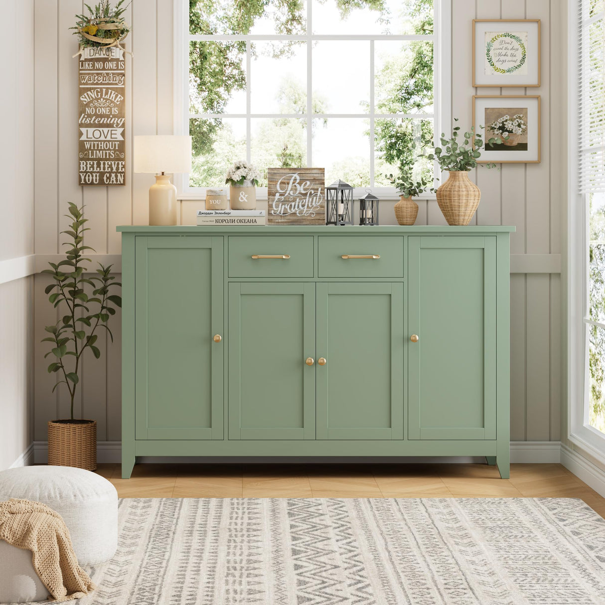 HORSTORS 55" Buffet Cabinet with Storage, Kitchen Buffet Sideboard with Drawers, Large Storage Cabinet with Doors and Shelves, Modern Farmhouse Coffee Bar for Kitchen, Dining Room, Living Room, Green HORSTORS