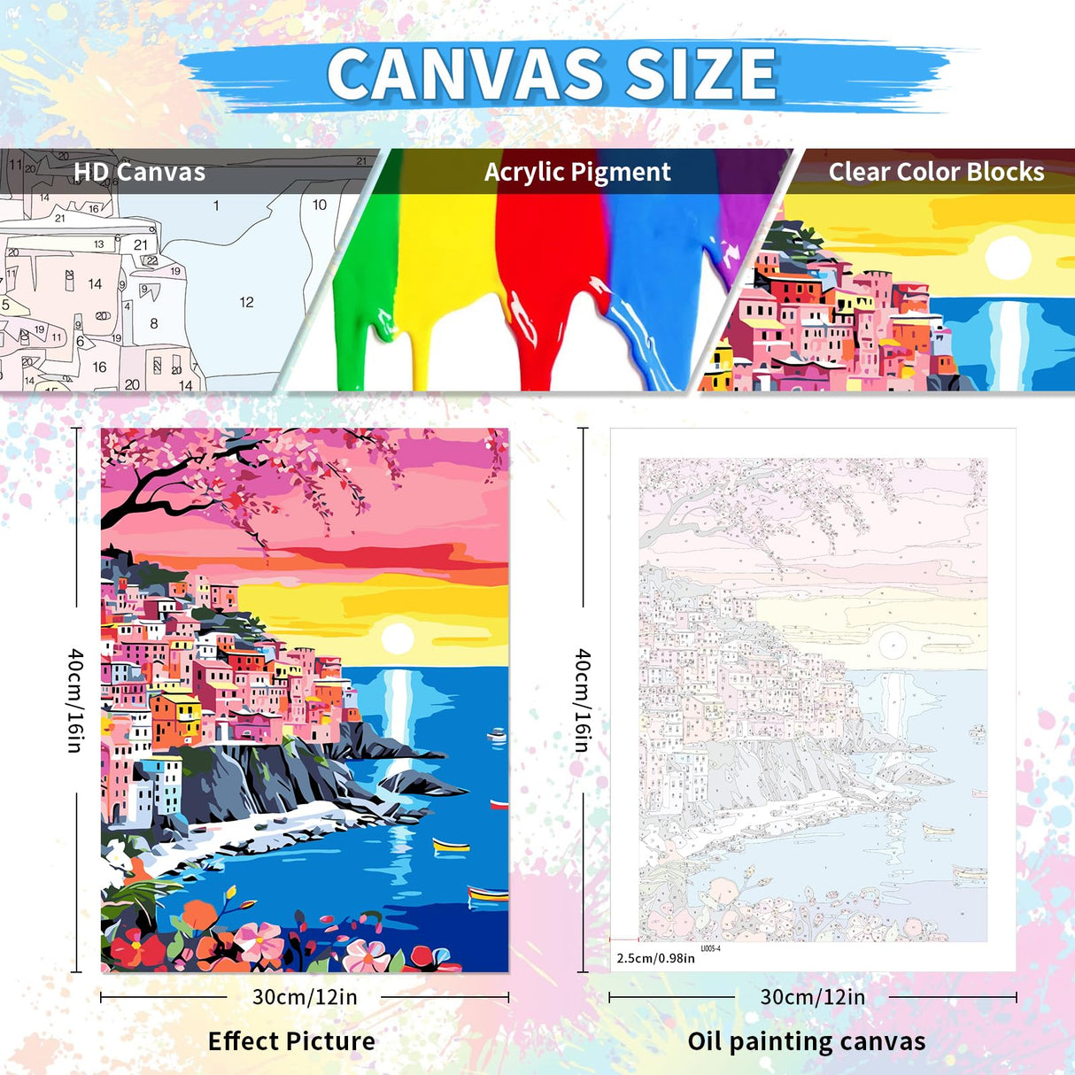 6 Pack DIY Paint by Number Kit for Adults - Mediterranean Coastal Scenery Oil Painting Set, 12x16 Inch Canvas (No Frame), 18 Vivid Acrylic Paints - Stress Relief Art Craft for Home Decor & Gifts TINY FUN