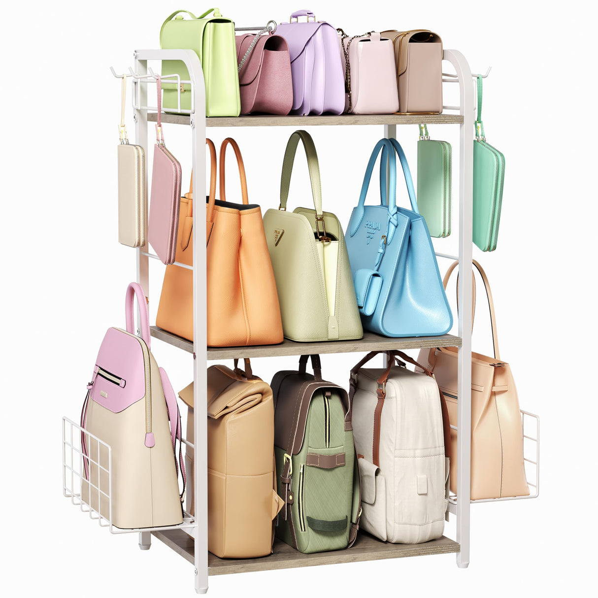 White Purse Organizer, 3-Tier Floor Standing Bag Rack Stand Featuring Side Hooks and Baskets, Adjustable Feets, High Capacity Metal & Wood Handbag Holder Design for Closet Storage, Patent Pending koozuuyk