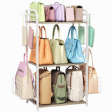 White Purse Organizer, 3-Tier Floor Standing Bag Rack Stand Featuring Side Hooks and Baskets, Adjustable Feets, High Capacity Metal & Wood Handbag Holder Design for Closet Storage, Patent Pending koozuuyk