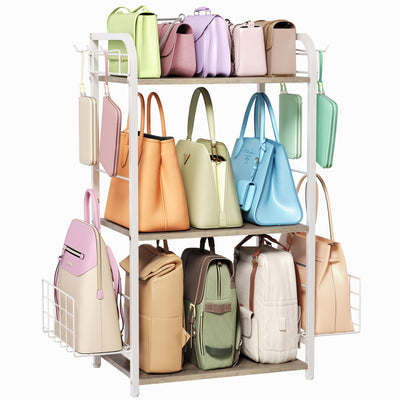 White Purse Organizer, 3-Tier Floor Standing Bag Rack Stand Featuring Side Hooks and Baskets, Adjustable Feets, High Capacity Metal & Wood Handbag Holder Design for Closet Storage, Patent Pending