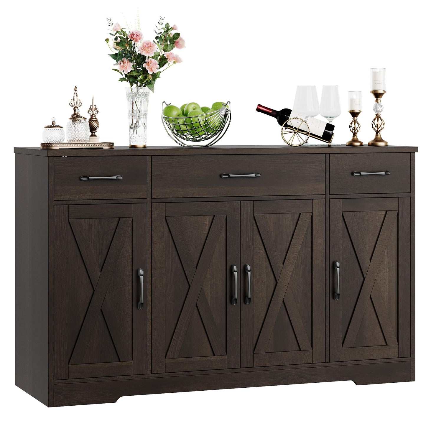 HOSTACK Buffet Cabinet with Drawers, 55" Large Sideboard Buffet Storage Cabinet with Shelves & 4 Doors, Modern Farmhouse Coffee Bar Cabinet Wood Buffet Table for Kitchen, Dining Room, Dark Br - WoodArtSupply