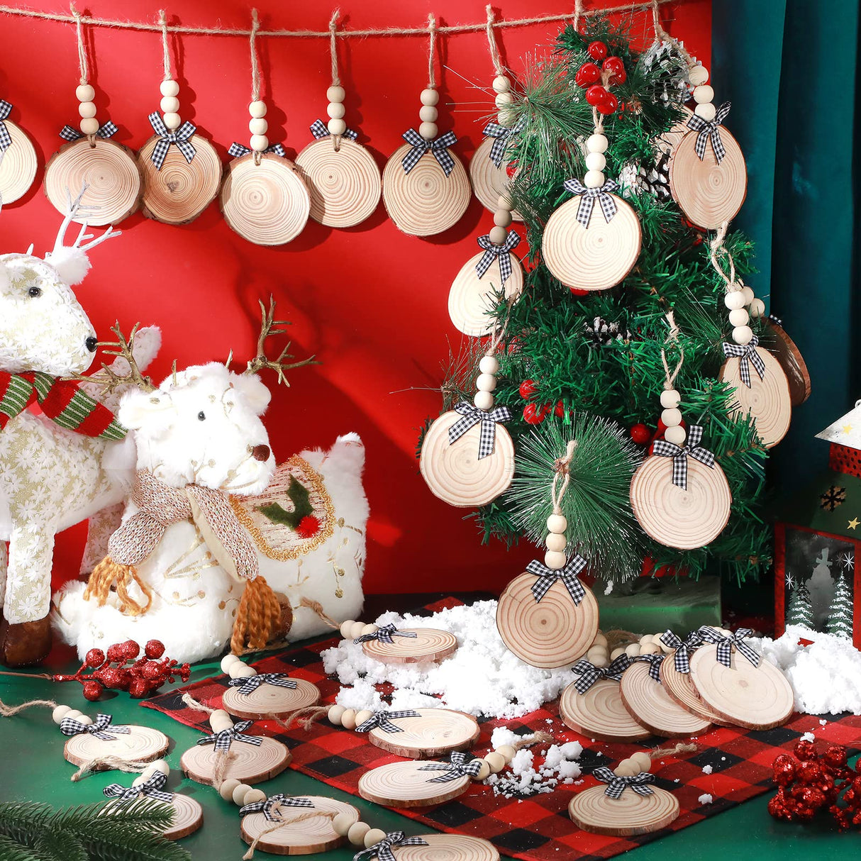 36 Pcs Wooden Christmas Ornament 2.8 to 3.2 Inch Craft Wood Kit Natural Wood Slices with Natural Beads Round Wood Beads and Black and White Bow for Arts and Crafts Christmas Ornaments (Classic Style) Sawysine