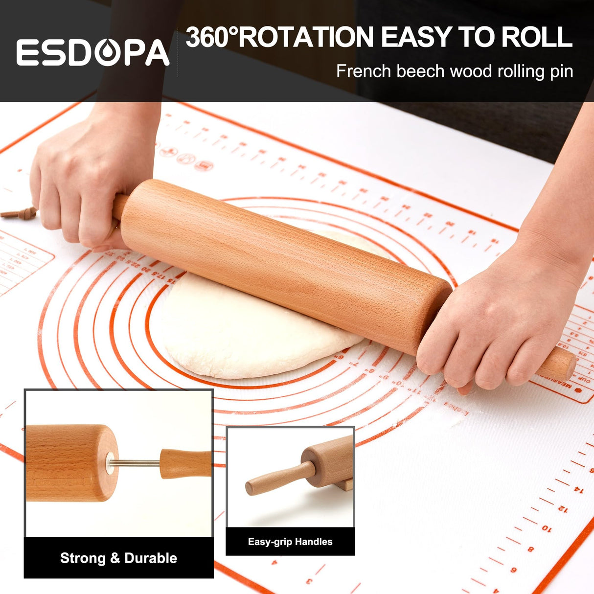 ESDOPA Classic Wood Rolling Pin - Wooden Rolling Pins for Baking Silicone Mat Set, Dough Roller with Wood Base, Fondant Roller for Pie Crust Cookies Pizza Dough and Bread, 17 Inch ESDOPA