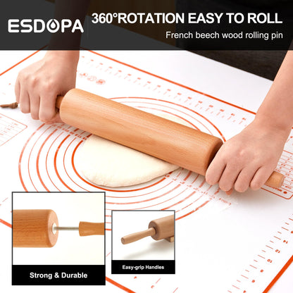 ESDOPA Classic Wood Rolling Pin - Wooden Rolling Pins for Baking Silicone Mat Set, Dough Roller with Wood Base, Fondant Roller for Pie Crust Cookies Pizza Dough and Bread, 17 Inch