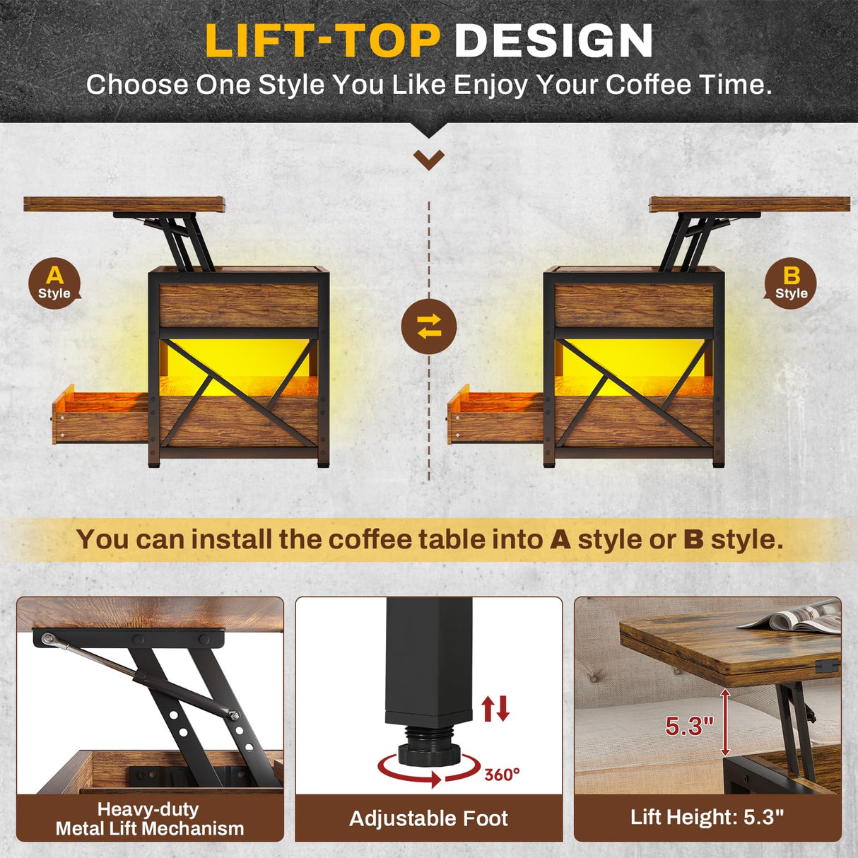 Itaar 40" Lift Top Coffee Table, 4 in 1 Coffee Tables with Storage for Living Room, Small Farmhouse Coffee Table with 2 Drawers & LED Light for Dining Reception Room, Rustic Brown Itaar