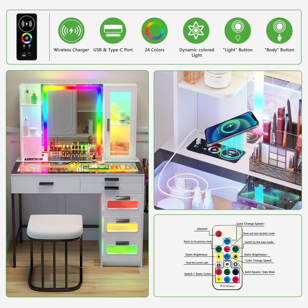 HENBC Vanity with Mirror and LED Lights, Glass Top Vanity Desk with Charging Station(Wireless+USB+Type-C), RGB Makeup Table Set with Stool/Makeup Organizer/6 Drawers (White) HNEBC