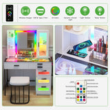 HENBC Vanity with Mirror and LED Lights, Glass Top Vanity Desk with Charging Station(Wireless+USB+Type-C), RGB Makeup Table Set with Stool/Makeup Organizer/6 Drawers (White) HNEBC