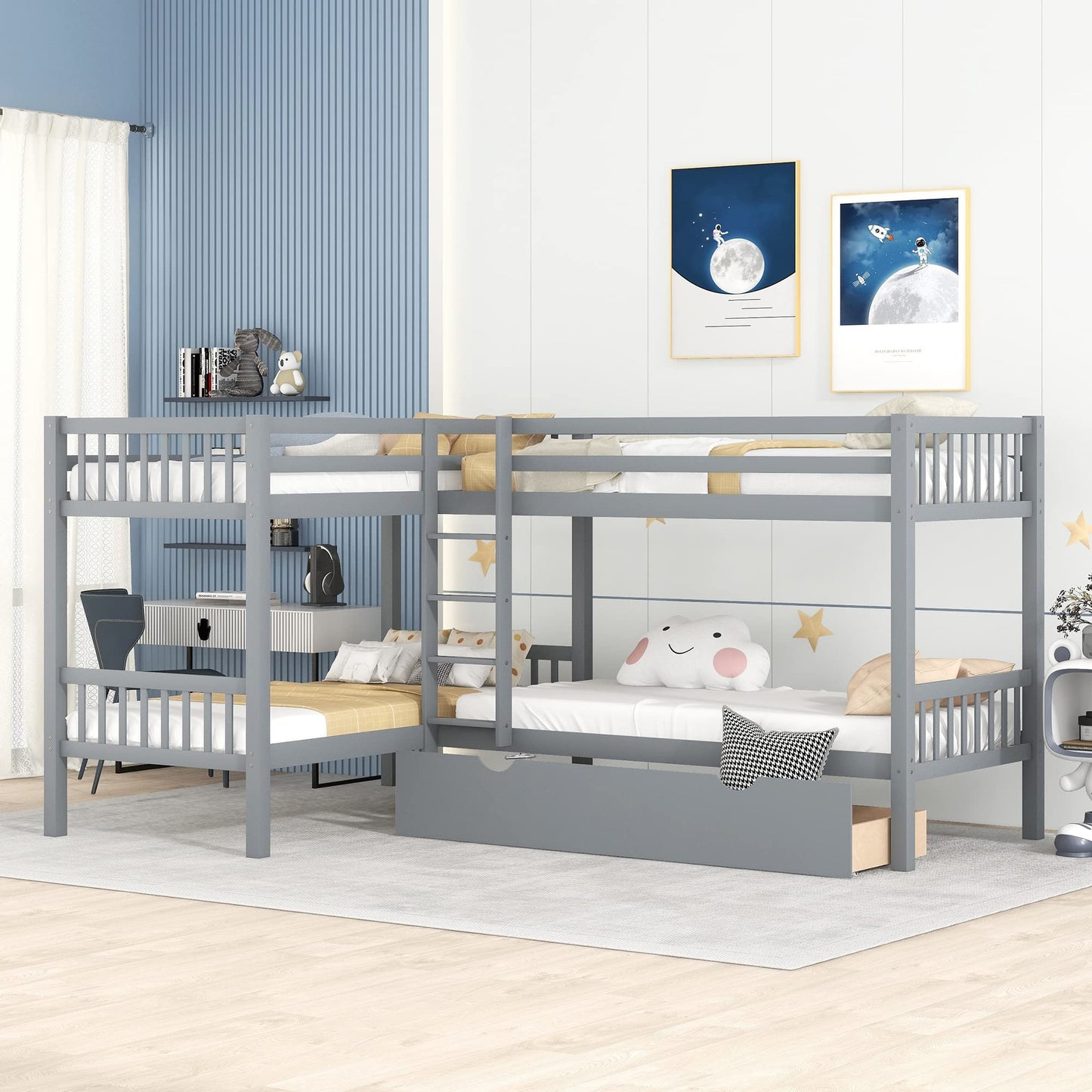 MERITLINE Quad Bunk Beds with Storage,4 Twin Bunk Bed for Kids, Solid Wood L Shaped Bunk Bed 4 Bed Bunk Beds for Kids,Teens, Adults,Grey